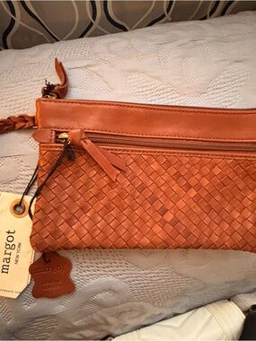 margot Woven Leather Wristlet Clutch - Cognac